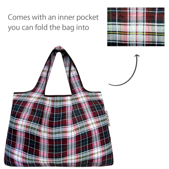 Wrapables Large & Small Foldable Tote Nylon Reusable Grocery Bags, Set of 2 Red Plaid {5}
