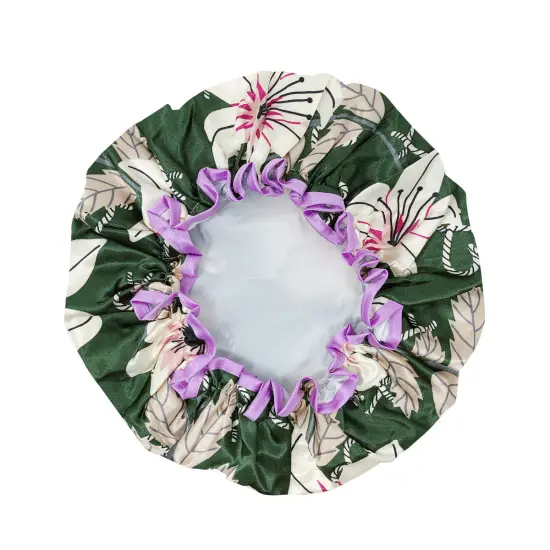 Wrapables Reusable Women's Waterproof Shower Caps for Long Hair Lilies Green {2}