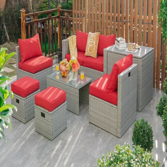 8 Pieces Patio Rattan Furniture Set with Storage Waterproof Cover and Cushion Red {2}