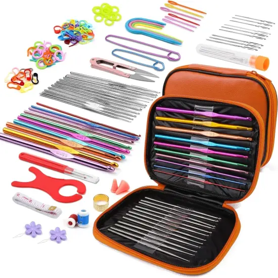 54 Pcs Crochet Needles Set, Crochet Hooks Kit with Storage Case, Ergonomic Knitting Needles Blunt Needles Stitch Marker DIY Hand Knitting Craft Art Tools for Beginners Orange-110Pcs {1}