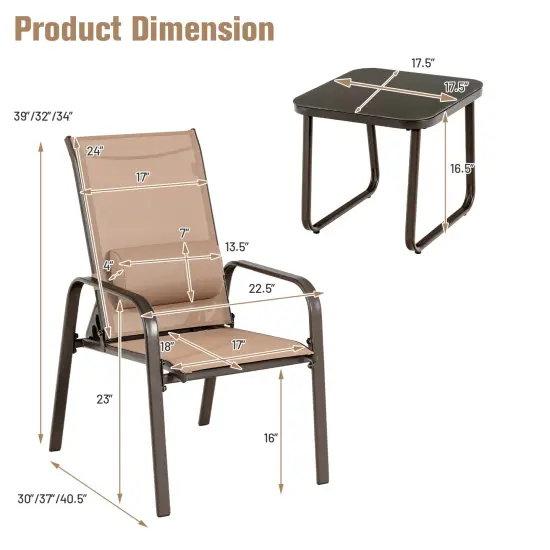 3 Pieces Patio Bistro Furniture Set with Adjustable Backrest Brown {3}