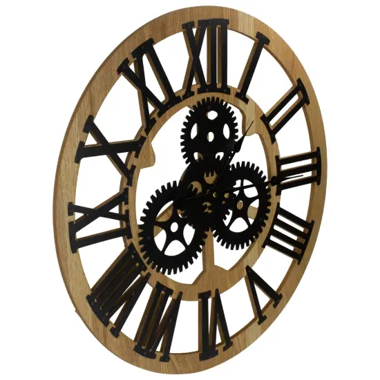 Northlight 24" Roman Numeral Battery Operated Round Wall Clock with Cogs Brown {4}