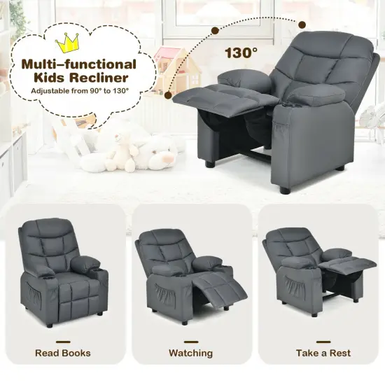 Kids Recliner Chair with Cup Holders Suitable for Children's Room, Living Room and Bedroom Grey {4}