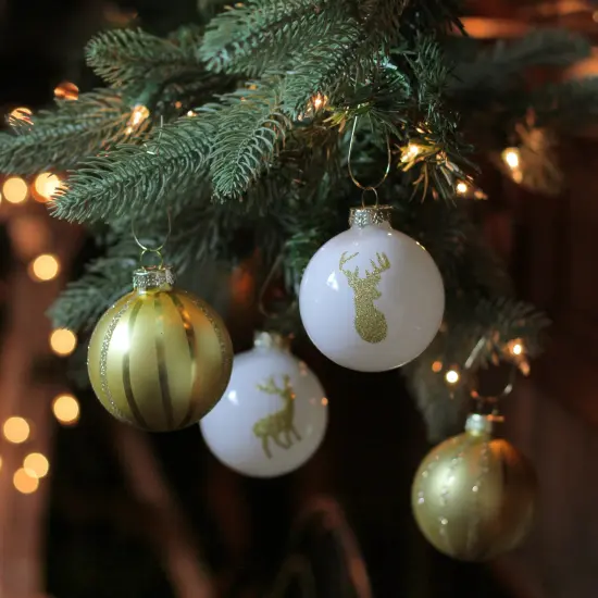 Northlight Reindeer and Striped Christmas Glass Ball Ornaments - 2.75" (69mm) - Gold and White - 4pc {3}