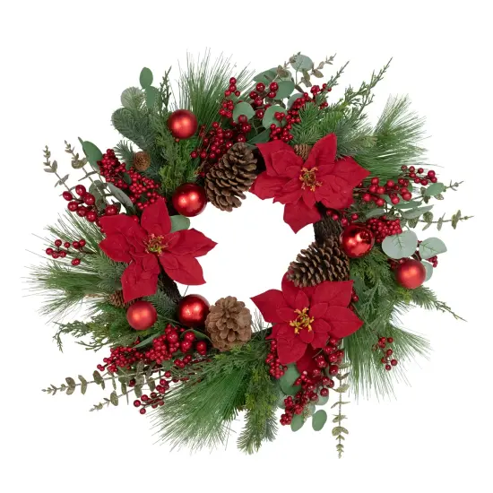 Northlight Artificial Red Berry and Poinsettia Christmas Wreath, 28-Inch, Unlit Green {1}