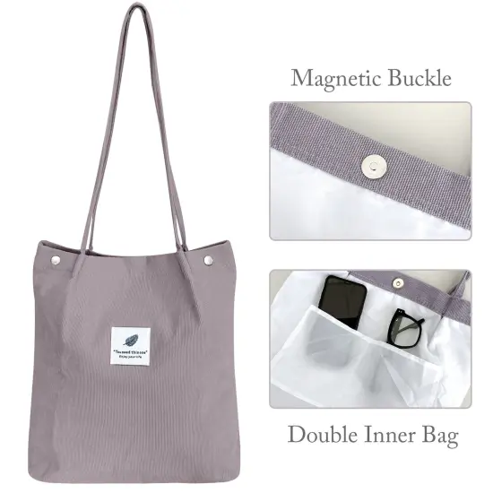 Wrapables Corduroy Tote Bag, Casual Everyday Shoulder Handbag, 2pc LtGreen/Lavender {3}