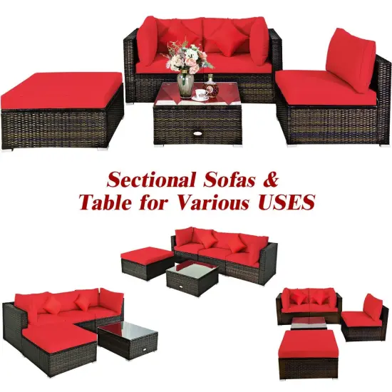 5 Pcs Outdoor Patio Rattan Furniture Set Sectional Conversation with Cushions Red {5}