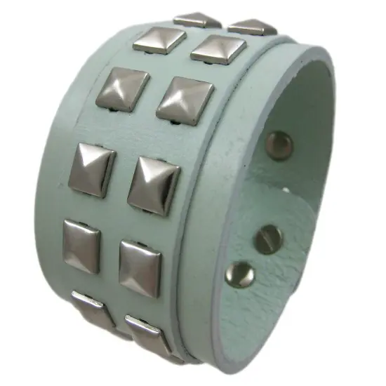 Gray Leather 2 Row Pyramid Studded Wristband Wrist Band {4}