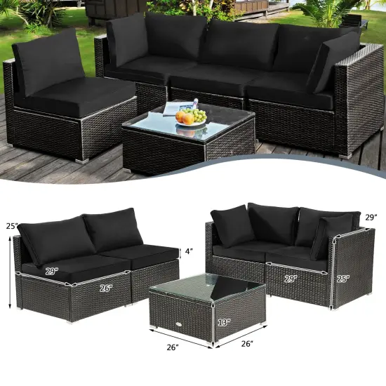 5 Pieces Cushioned Patio Rattan Furniture Set with Glass Table Black {5}