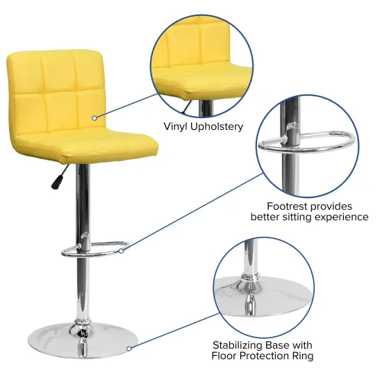 Emma and Oliver Quilted Vinyl Swivel Adjustable Height Barstool with Chrome Base Yellow {2}