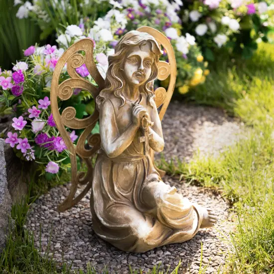 Northlight Sitting Angel with Cross Outdoor Garden Statue- 14.5" Brown {1}