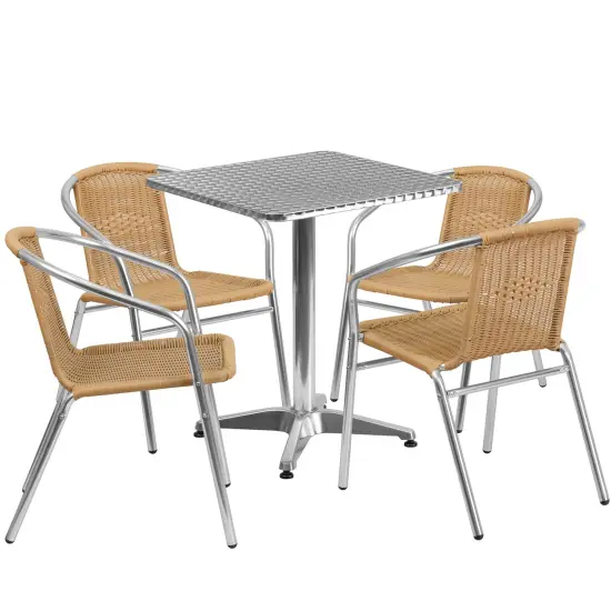 Emma and Oliver 23.5" Square Aluminum Garden Patio Table Set with 4 Rattan Chairs Beige {1}