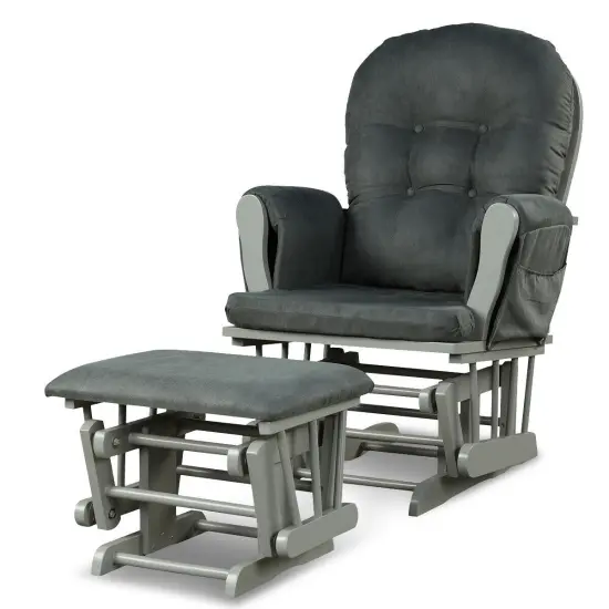 Solid Wood Gliding Chair Set with Pockets and Ottoman for Relaxing Dark Grey {1}