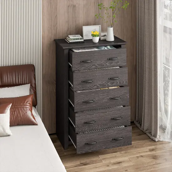 Costway 5 Drawer Chest Storage Dresser Tall Cabinet Organizer Bedroom Hallway Dark Grey/Walnut {5}