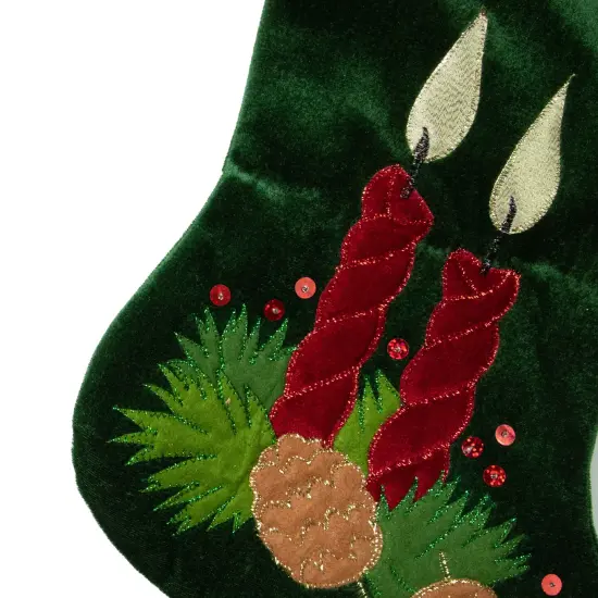 Northlight 20" Dark Green and Burgundy Candle and Pine Cone Velveteen Christmas Stocking {4}