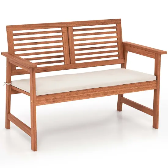 Costway Patio Bench Outdoor Solid Wood Loveseat Chair with Backrest & Cushion Porch Garden {4}