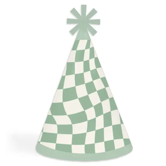 Big Dot of Happiness Sage Green Checkered Party - Cone Happy Birthday Party Hats for Kids and Adults - Set of 8 (Standard Size) {1}