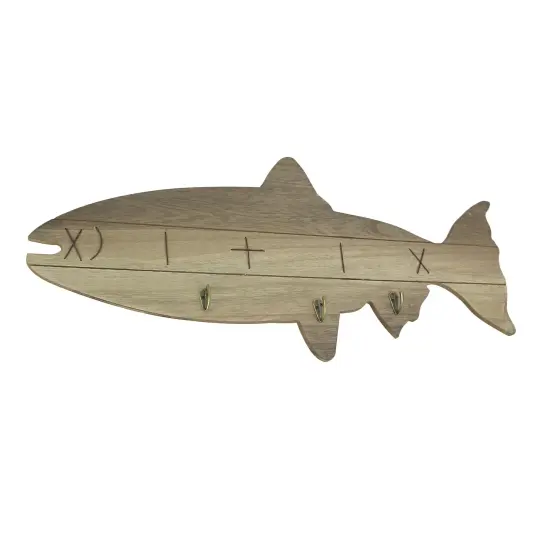 Distressed Wooden Fish Shaped 3 Hook Hanging Wall Rack 27.5 Inches Long {1}
