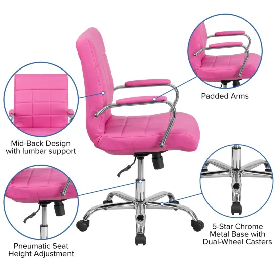 Emma and Oliver Mid-Back Vinyl Executive Swivel Office Chair with Chrome Base and Arms Pink {2}