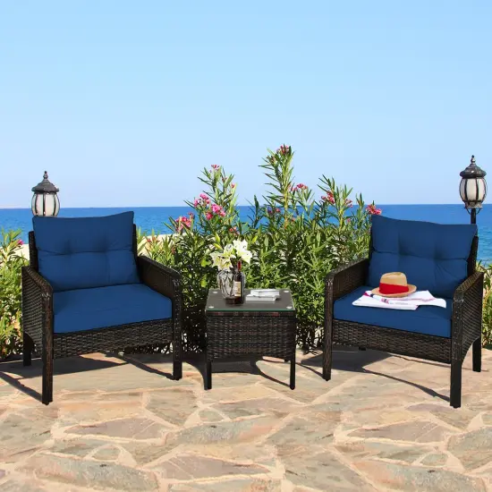 3 Pieces Outdoor Patio Rattan Conversation Set with Seat Cushions Navy {2}