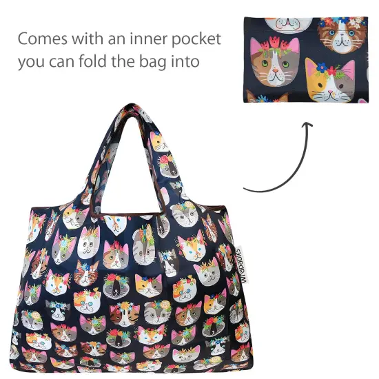 Wrapables Large & Small Foldable Tote Nylon Reusable Grocery Bags, Set of 2 Crazy Cats {5}