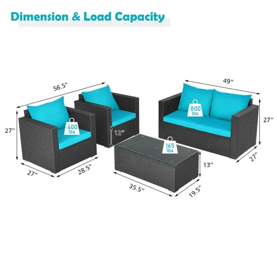 4Pcs Patio Rattan Cushioned Furniture Set Turquoise {5}