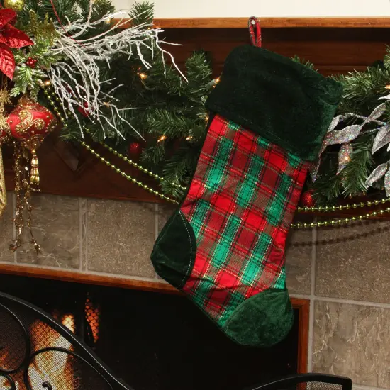 Northlight 19" Christmas Traditions Green, Red and Gold Woven Plaid and Velvet Stocking {3}