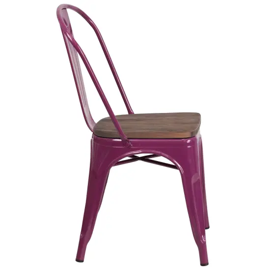 Merrick Lane Calumet Metal Stacking Chair with Curved, Slatted Back and Rustic Wood Seat Purple {4}