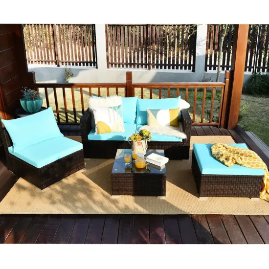 5 Pieces Patio Rattan Sectional Furniture Set with Cushions and Coffee Table Turquoise {6}