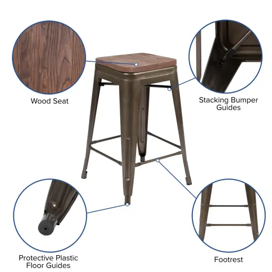 Merrick Lane Brooklyn 24 Inch Tall Stackable Metal Bar Counter Stool With Textured Elm Wood Seat In Set Of 4 Gun Metal {4}
