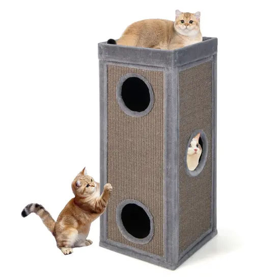 Costway 4-Story Cat House 39'' Cat Condo with Scratching Posts & 4 Soft Plush Cushions Gray/Natural {7}