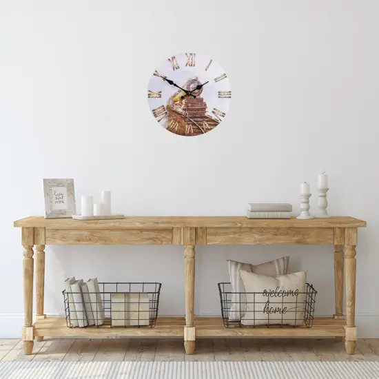 Northlight 12" Roman Numeral Battery Operated Round Wall Clock with Train Design White {3}