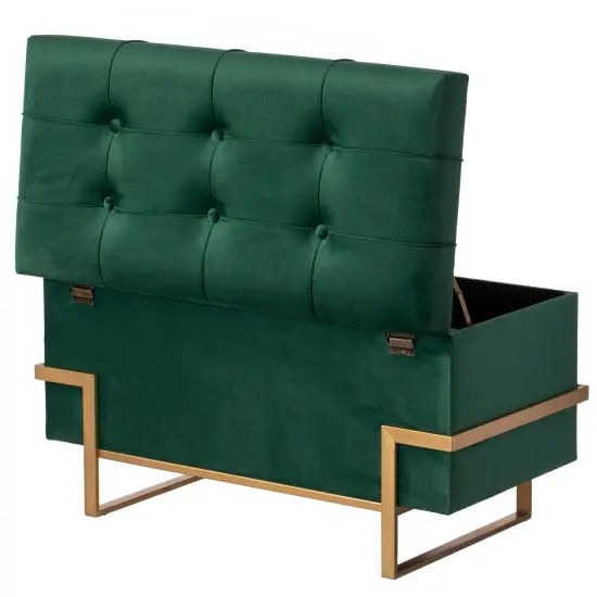 Rectangle Velvet Storage Ottoman Stool Box with Abstract Golden Legs | Decorative Sitting Bench for Living Room Home Decor with Unique Base Support Green Large {6}