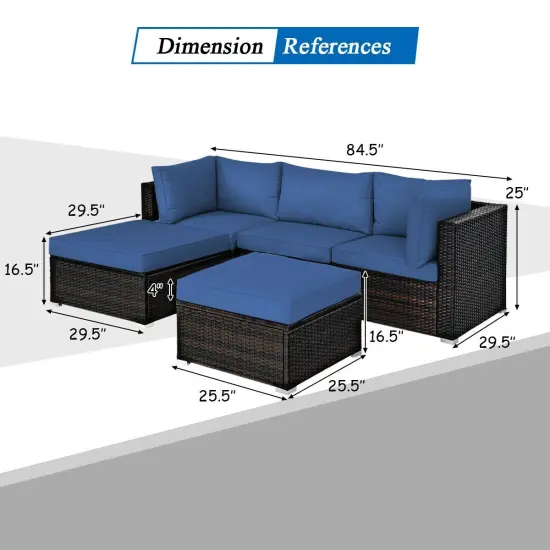 5 Pieces Patio Sectional Rattan Furniture Set with Ottoman Table Navy {4}