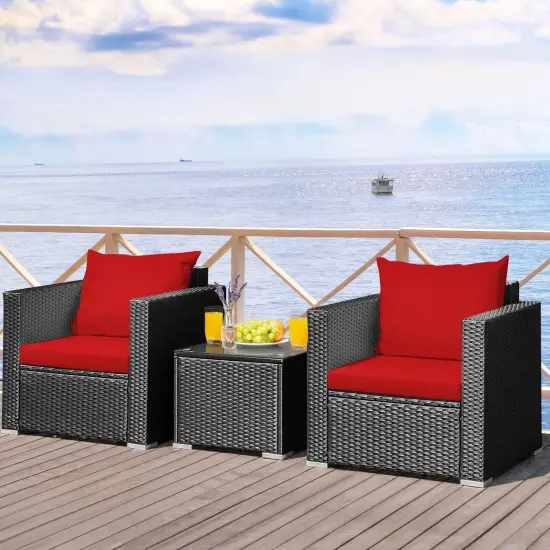 3 Pieces Patio Wicker Furniture Set with Cushion Red {2}