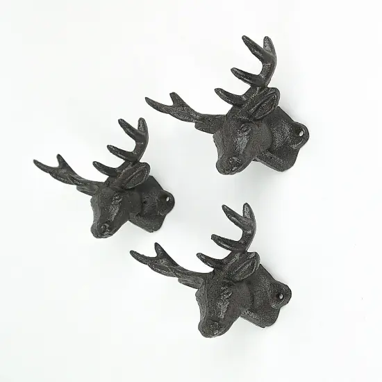 Set of 3 Rustic Brown Deer Head Decorative Wall Hooks Lodge Decor {3}