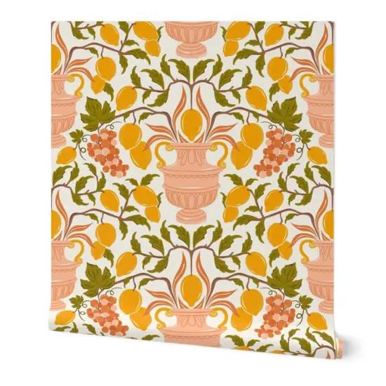 Peel & Stick Wallpaper 2FT Wide Floral Pink Fruit Damask Lemons Italian Botanical Grapes Vases Grape Vines Lemon Large Scale Rococo Classical Custom Removable Wallpaper by Spoonflower {7}