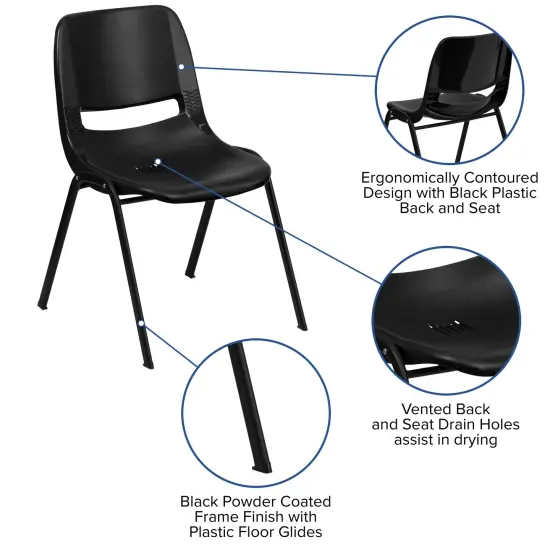 Emma and Oliver Ergonomic Shell Stack Chair - 16" Seat Daycare Home School BlackPlastic/Black {3}