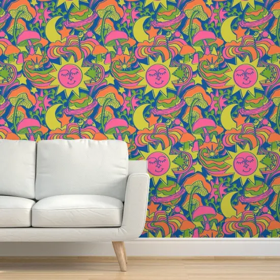 Peel & Stick Wallpaper 2FT Wide Neon Suns Blue Groovy Kitsch 70S 1970S Retro Whimsical Moon Stars Boho Colorful Hippie Custom Removable Wallpaper by Spoonflower {5}