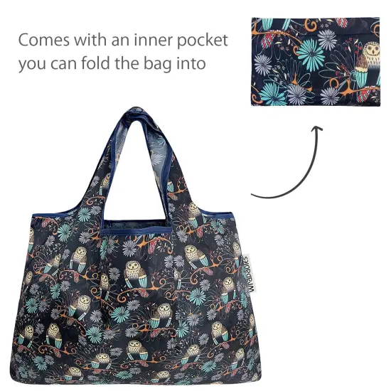 Wrapables Large & Small Foldable Tote Nylon Reusable Grocery Bags, Set of 2 Deco Owls {5}