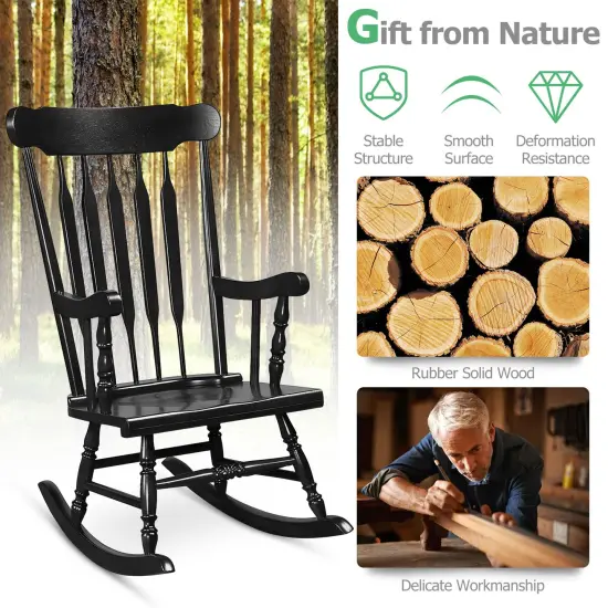 Solid Wood Porch Glossy Finish Rocking Chair Black {3}