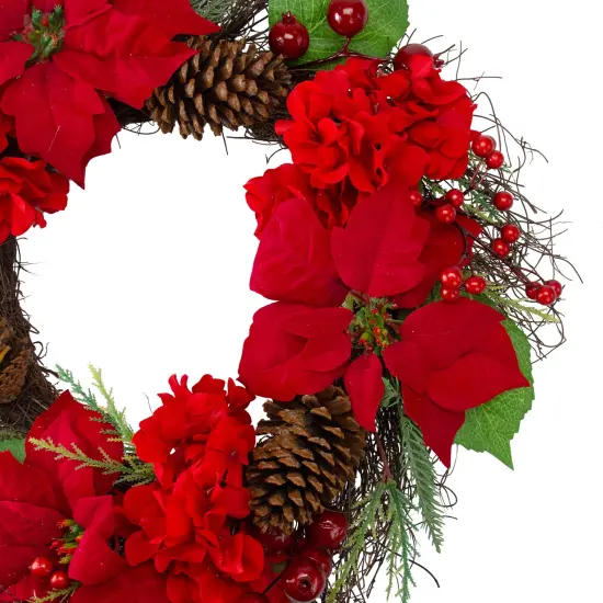 Northlight Poinsettia and Hydrangea Artificial Christmas Wreath - 24" - Unlit Red {3}