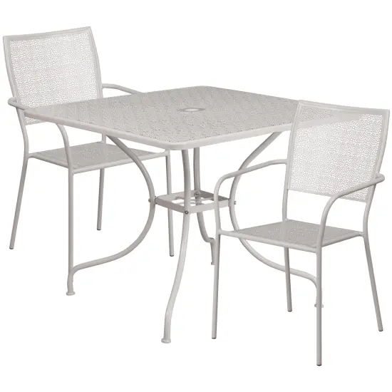 Emma and Oliver Commercial Grade 35.5" Square Metal Garden Patio Table Set, 2 Square Back Chairs Light Gray {1}