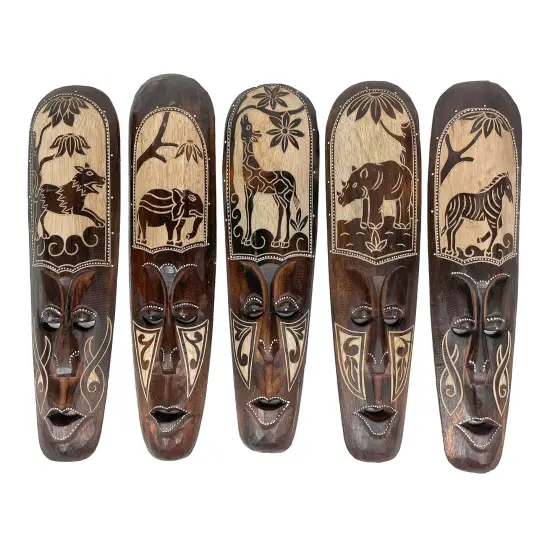 Set of 5 African Animal Hand Carved Wooden Wall Masks {1}