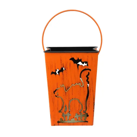 Melrose Cat and Bats Halloween Candle Lantern Luminary - 7.25" - Orange {1}