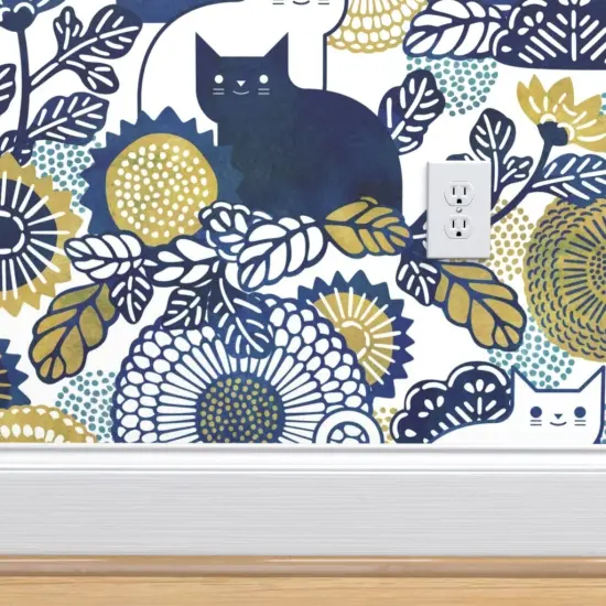 Pre-Pasted Wallpaper 2FT Wide Cat Vintage Floral Gold Cats Navy Blue And Flowers Garden With Custom Pre-pasted Wallpaper by Spoonflower {4}