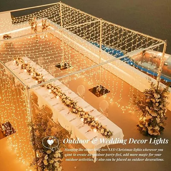 168FT 600 LED Christmas Lights Outdoor Waterproof 8 Modes Indoor Christmas String Lights Warm White Christmas Tree Lights Plug in for Room Bedroom Wedding Party Holiday Decorations. {5}