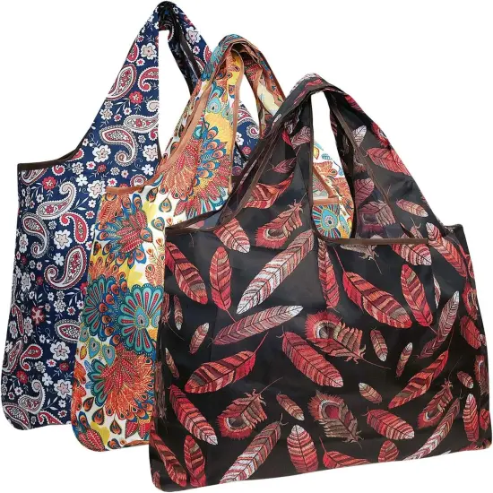 Wrapables Large Foldable Tote Nylon Reusable Grocery Bag, 3 Pack Colorful Motif {1}