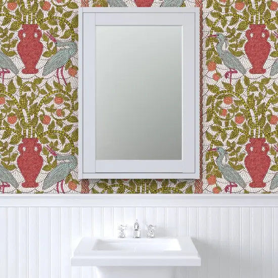 Pre-Pasted Wallpaper 2FT Wide Birds Stone Fruit Art Deco Lemon Crane Heron Peaches Arts And Crafts Amphora Tree Faux Mosaic Large Scale Custom Pre-pasted Wallpaper by Spoonflower {6}