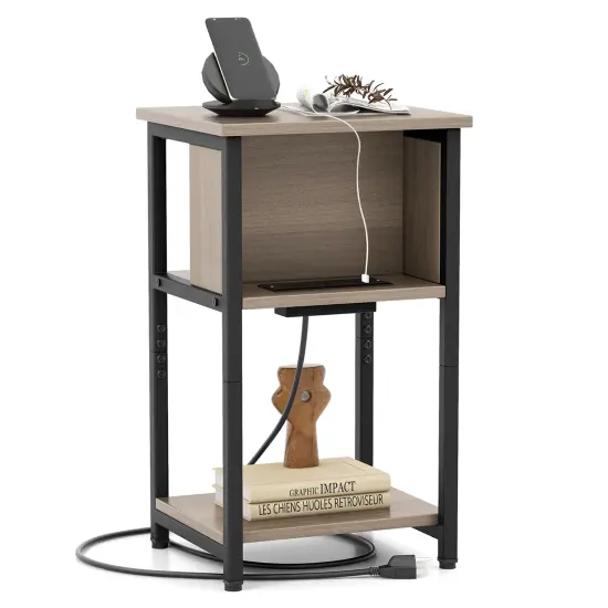 Costway 1/2 PCS Nightstand 3-Tier End Table with Charging Station USB Ports & Power Outlets Grey & Black {7}